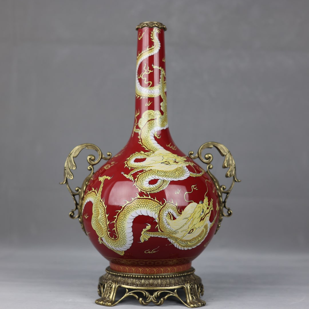 A Huge Red Ground Yellow Color Painted Gold Inlaid Bronze Dragon Pattern Double-Ears Vase: A Huge Red Ground Yellow Color Painted Gold Inlaid Bronze Dragon Pattern Double-Ears Vase,Qing Dynasty,China,Qianlong Four-character Mark,Size:17.3inx10.6inx6.3in红地黄彩৻
