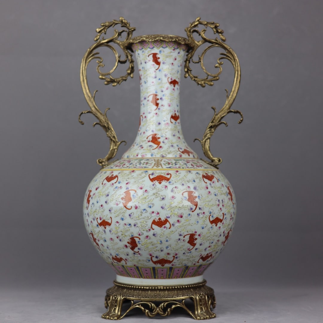 A Huge Famille-Rose Inlaid Bronze Auspicious Cloud and Bats Pattern Double-Ears Vase: A Huge Famille-Rose Inlaid Bronze Auspicious Cloud and Bats Pattern Double-Ears Vase,Qing Dynasty,China,Guangxu Six-character Mark,Size:18.9inx10.2inx7.1in粉彩镶铜祥É