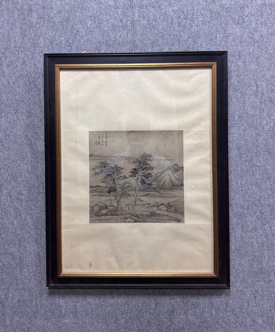 A Chinese Ink Painting of Landscape on Paper With Frame,Wang Hui: A Chinese Ink Painting of Landscape on Paper With Frame,Wang HuiSize:(Without frame)11.8inx11.8in一幅中国水墨山水画带画框,஍