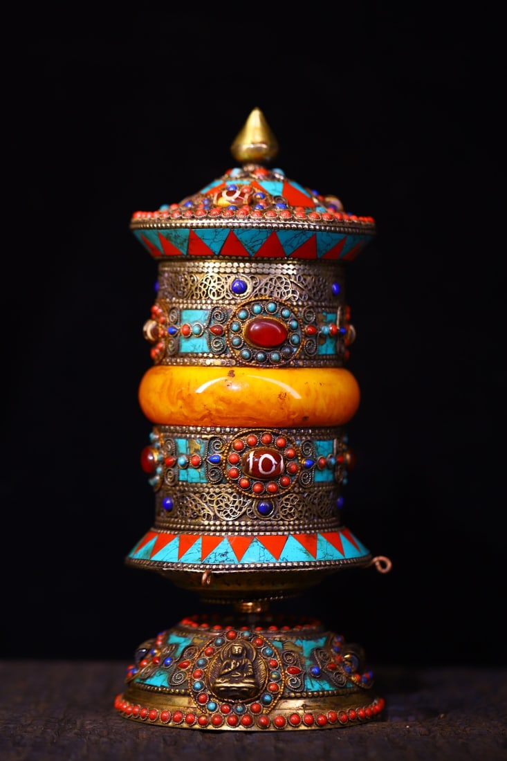 An Exquisite Silver Inlaid Gems with Dzi Bead Ornament,With Scriptures: An Exquisite Silver Inlaid Gems with Dzi Bead Ornament,With Scriptures,Qing