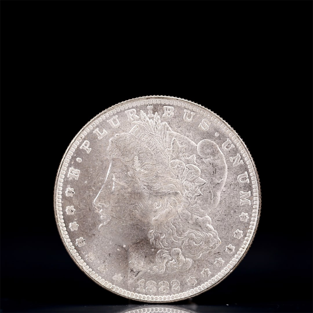 USA Morgan Dollar 1882 Coin: Obv: profile bust with date below and E PLURIBUS UNUM legend and stars around. Rev: eagle with In God we trust above within wreath with UNITED STATES OF AMERICA ONE DOLLAR legend. IN GOD WE TRUST / LI