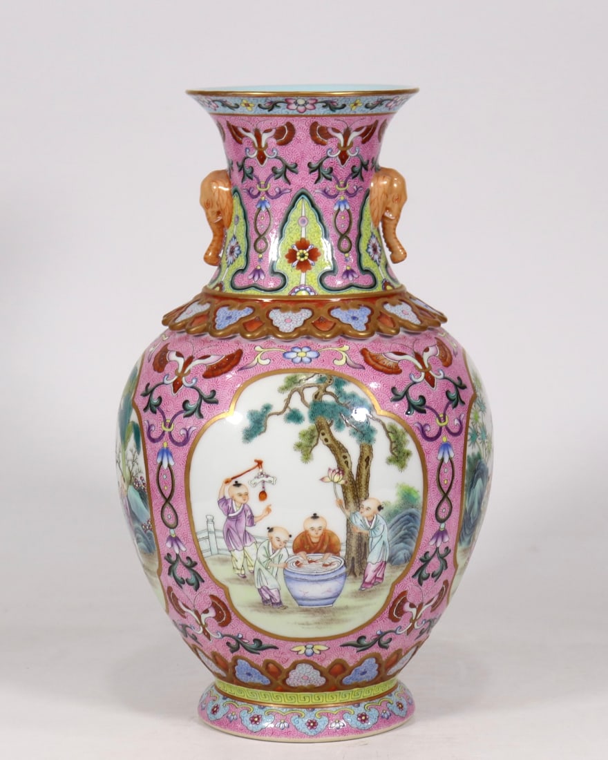 A Rare Pink Ground Famille-Rose Painted Gold Figure Pattern Elephant-Ears Vase: A Rare Pink Ground Famille-Rose Painted Gold Figure Pattern Elephant-Ears Vase,Qing Dynasty,China,Qianlong Six-character Mark,Size:12.2inx6.7in粉地粉彩描金人&