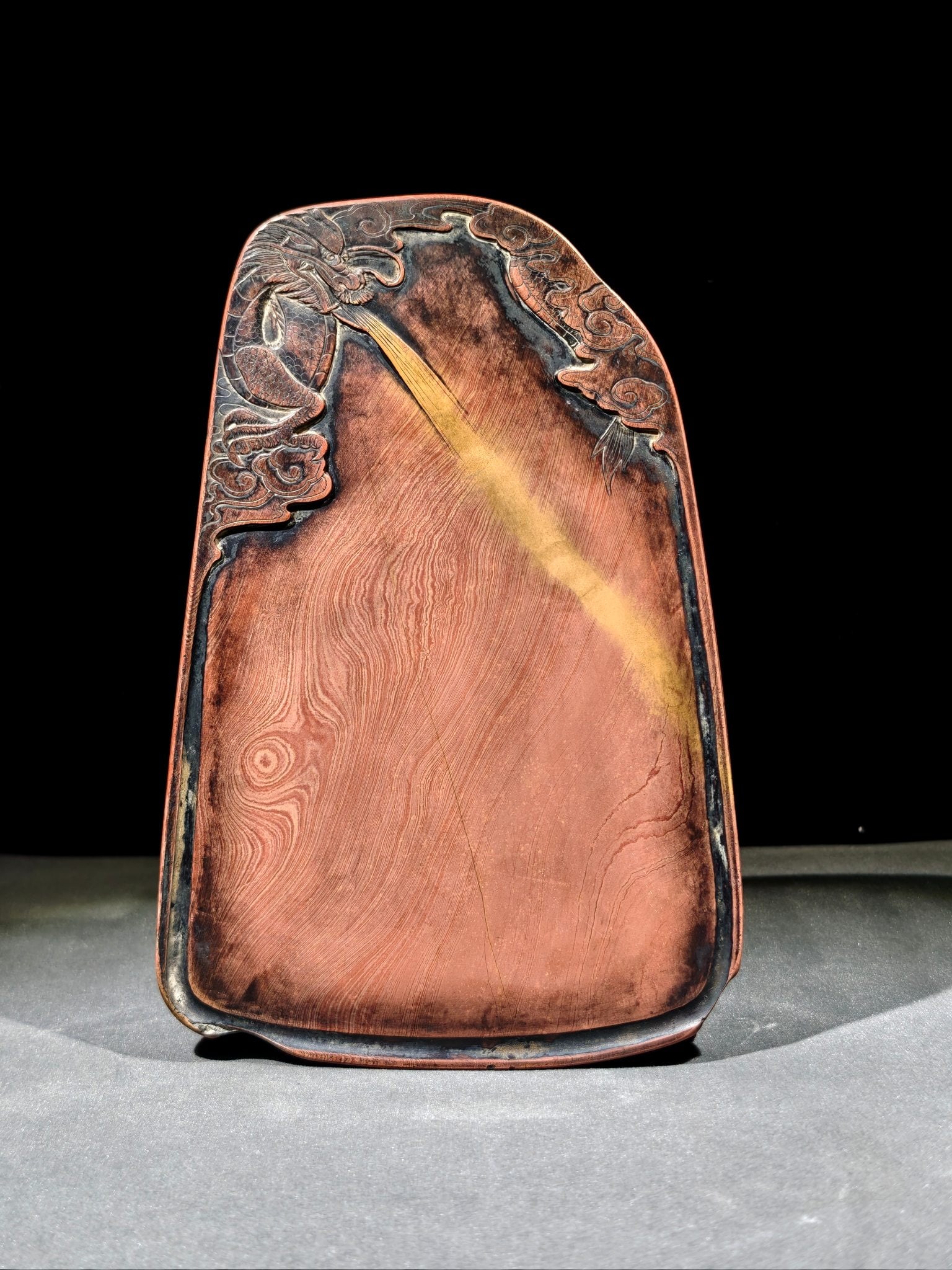 An Exquisite Auspicious Cloud and Dragon Pattern Inkstone,With Poem (1 of 9)