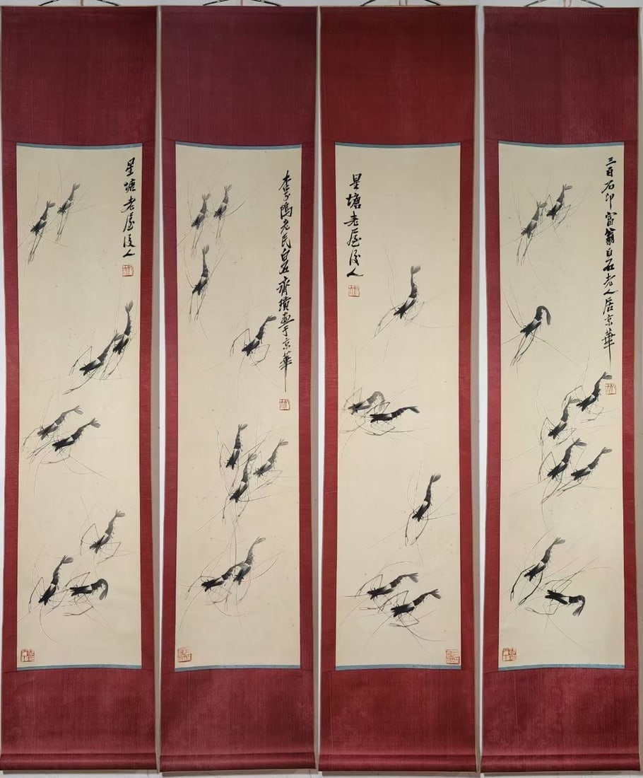 A Set of Chinese Vertical Scroll Ink Painting of Shrimp on Paper,Qi Baishi: A Set of Chinese Vertical Scroll Ink Painting of Shrimp on Paper,Qi Baishi,Size:(Without frame)54.1inx13in*4,(Entirety)78.3inx16.1in*4一套中国水墨虾图&#