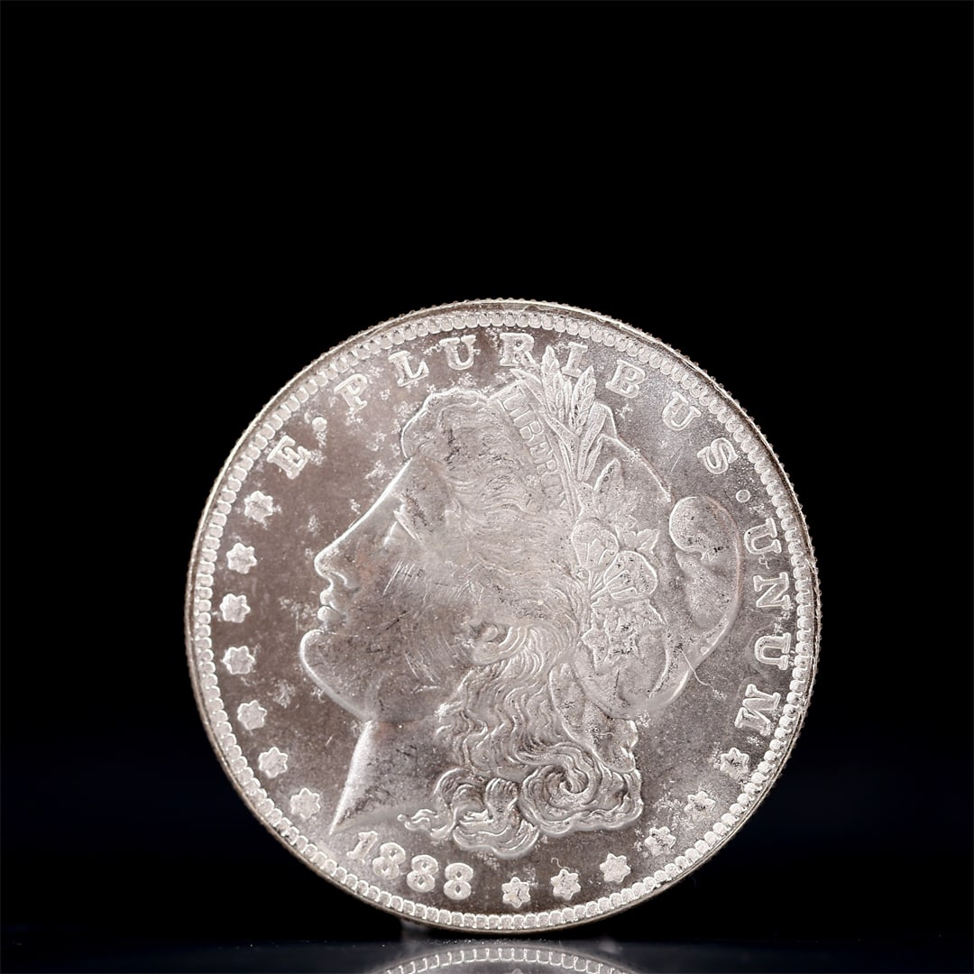 USA Morgan Dollar 1888 Coin: Obv: profile bust with date below and E PLURIBUS UNUM legend and stars around. Rev: eagle with In God we trust above within wreath with UNITED STATES OF AMERICA ONE DOLLAR legend. IN GOD WE TRUST / LI