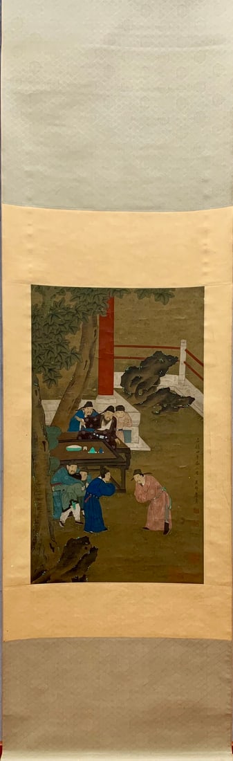 A Chinese Vertical Scroll Ink Painting of Character and Story on Silk,Tang Yin: A Chinese Vertical Scroll Ink Painting of Character and Story on Silk,Tang Yin,Size:(Without frame)29.1inx16.1in一幅中国水墨绢本人物故