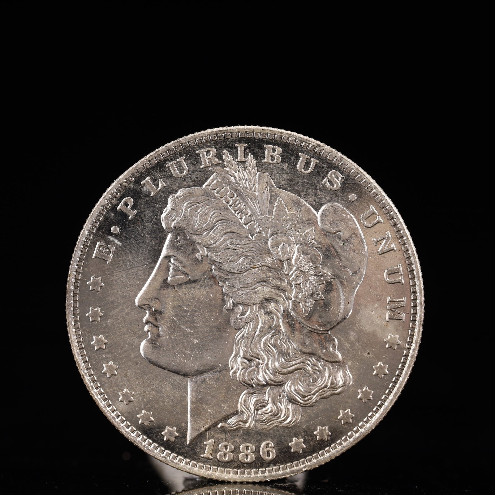 USA Morgan Dollar 1886 Coin: Obv: profile bust with date below and E PLURIBUS UNUM legend and stars around. Rev: eagle with In God we trust above within wreath with UNITED STATES OF AMERICA ONE DOLLAR legend. IN GOD WE TRUST / LI