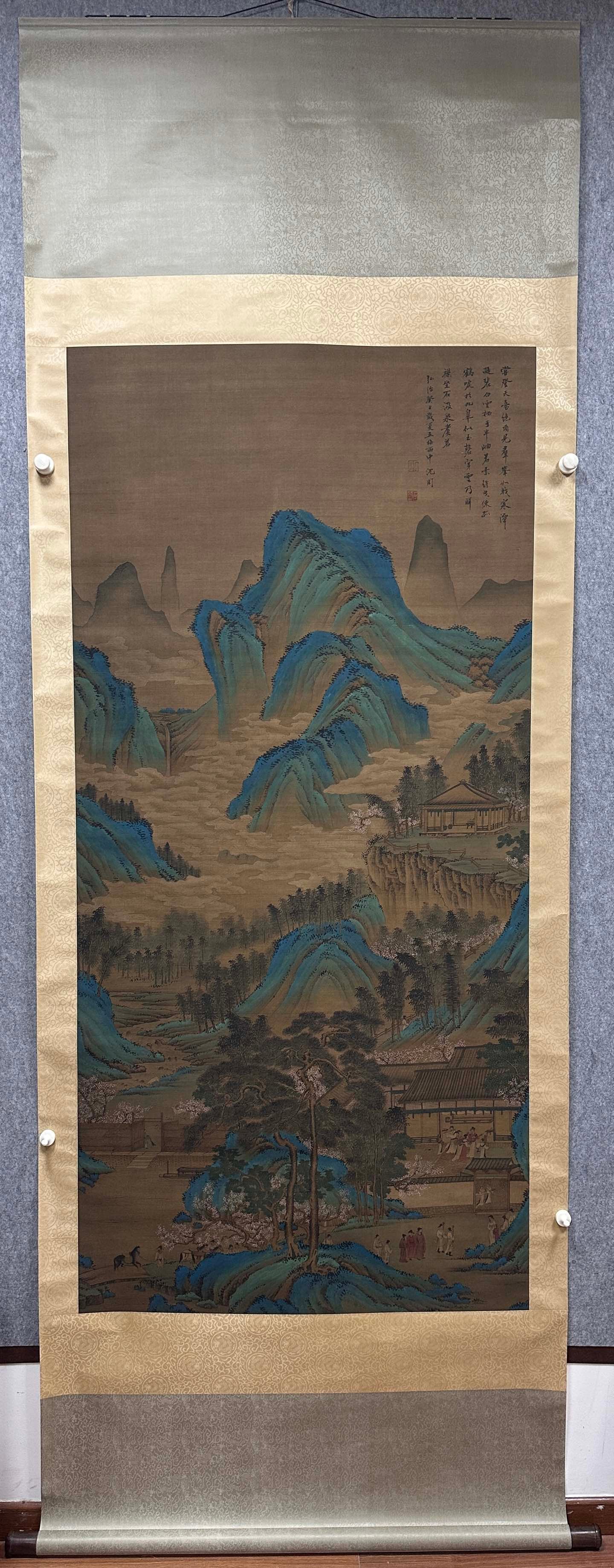 A Chinese Vertical Scroll Ink Painting of Landscape and Figure on Silk,Sheng Zhou: A Chinese Vertical Scroll Ink Painting of Landscape and Figure on Silk,Sheng ZhouSize:(Without frame)35.4inx70.1in一幅中国水墨绢本山水ߟ