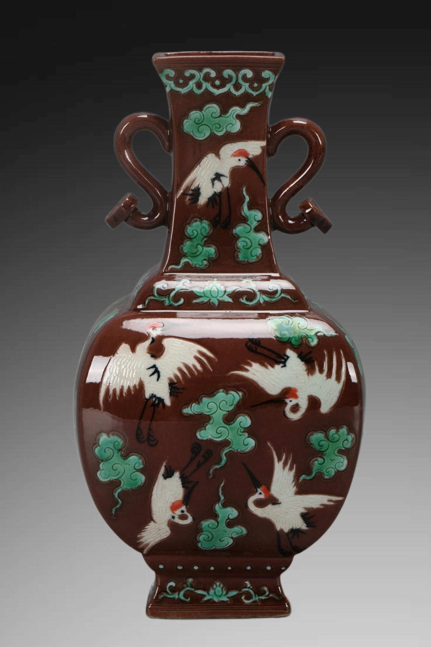An Exquisite Aubergine Glaze Crane Pattern Ruyi-Ears Vase: An Exquisite Aubergine Glaze Crane Pattern Ruyi-Ears Vase,Qing Dynasty, China,Yongzheng Six-character Mark,Size:9.1inx2inx4.7inx2.4in