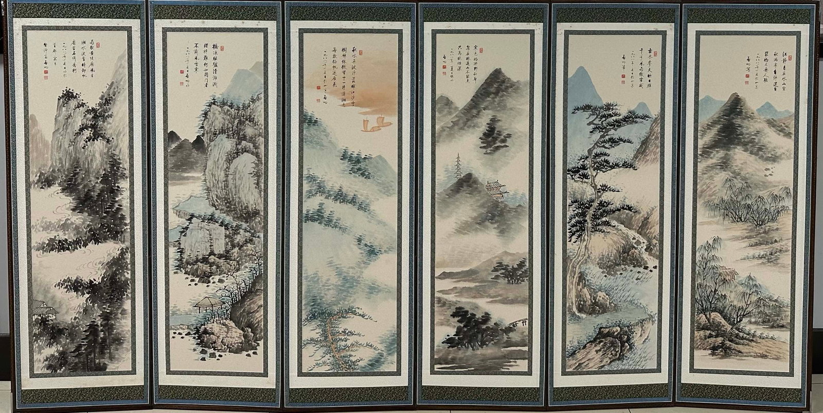 A Set of Six Chinese Vertical Scroll Ink Paintings of Landscape on Paper: A Set of Six Chinese Vertical Scroll Ink Paintings of Landscape on Paper,Modern Time of China,Qi Gong,without frame size:12.2inx40.2in