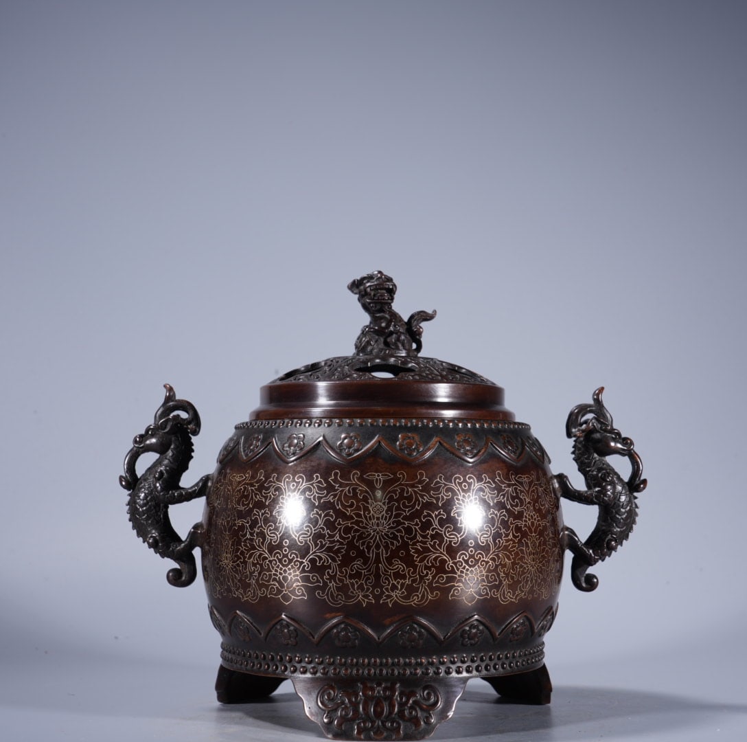 An Exquisite Silver-Inlaid Bronze Dragon-Ears Tripod Censer: An Exquisite Silver-Inlaid Bronze Dragon-Ears Tripod Censer,Ming Dynasty, China,Yongle Six-character Mark,Size:6.3inx3.9in ,Weight:3445g