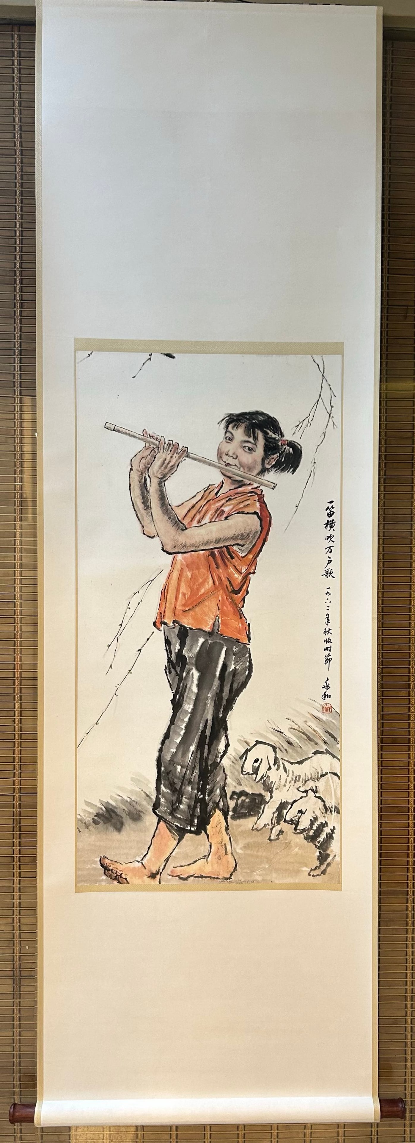 A Chinese Vertical Scroll Ink Painting of Figures on Paper: A Chinese Vertical Scroll Ink Painting of Figures on Paper,Modern Time of China,Jiang Zhaohe,without frame size:31.5inx18.1in 一幅中国水墨纸本人&#