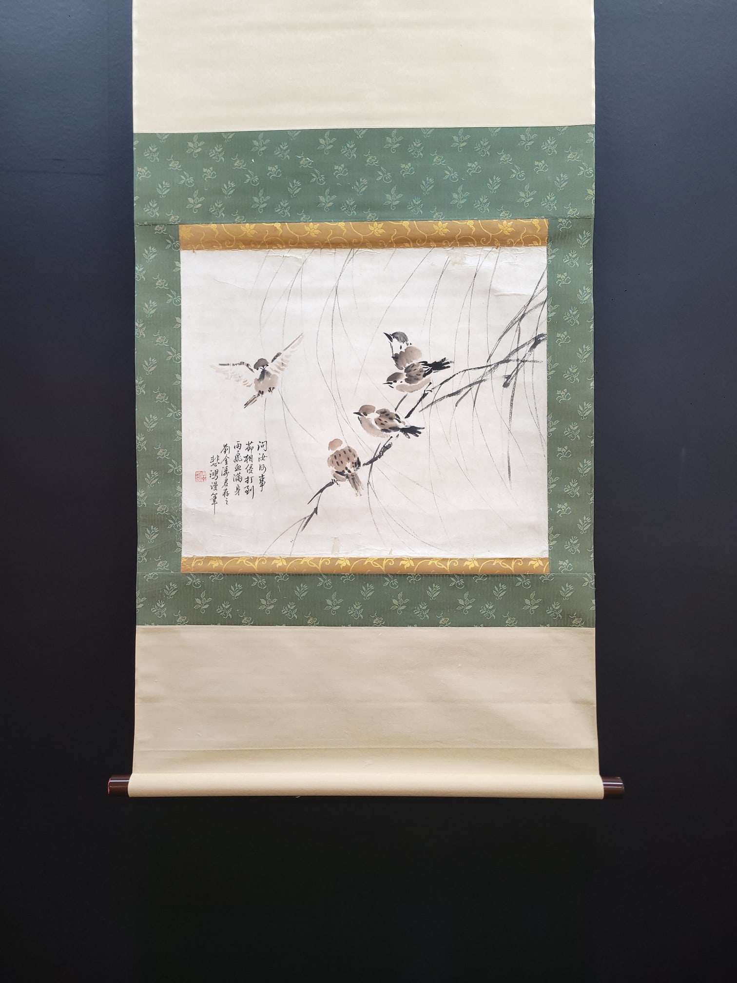 A Chinese Vertical Scroll Ink Painting of Flowers and Birds on Paper: A Chinese Vertical Scroll Ink Painting of Flowers and Birds on Paper,Modern Time of China,Xu Beihong,without frame size:19.7inx16.5in