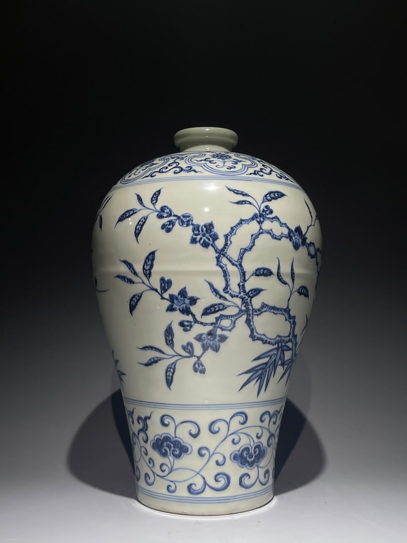 An Exquisite Blue and White Plum and Bamboo Pattern Vase: An Exquisite Blue and White Plum and Bamboo Pattern Vase,Ming Dynasty, China,Size:14.6inx9.1in 青花梅竹纹瓶,中国明代