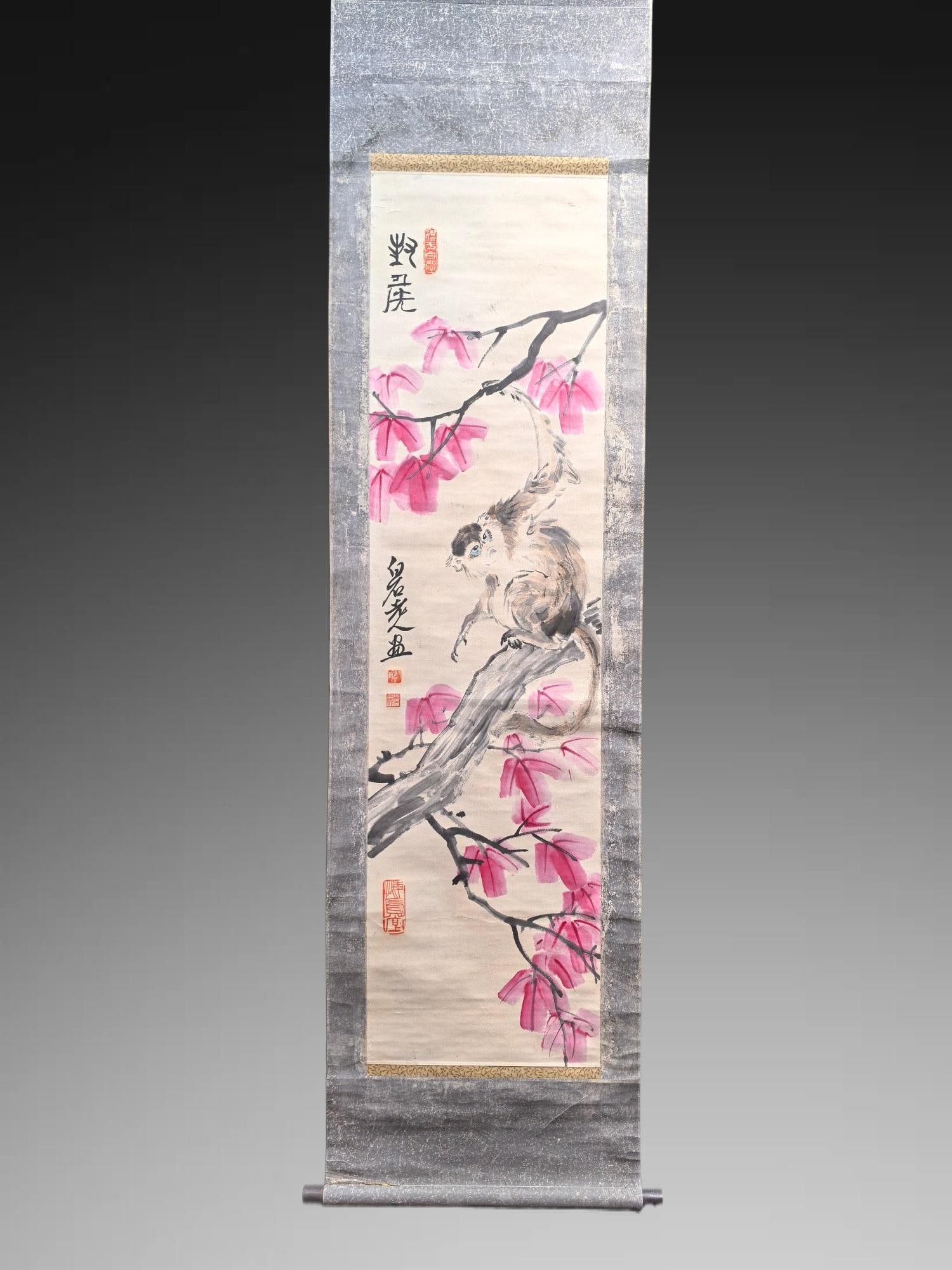 A Chinese Vertical Scroll Ink Painting of Monkeys on Paper: A Chinese Vertical Scroll Ink Painting of Monkeys on Paper,Modern Time of China,Qi Baishi,without frame size:13.2inx49.9in 一幅中国水墨纸本猴Ĭ
