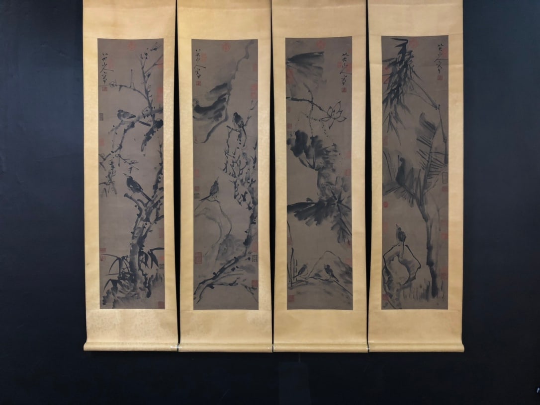 A Set of Four Chinese Vertical Scroll Ink Paintings of Flowers and Birds on Paper: A Set of Four Chinese Vertical Scroll Ink Paintings of Flowers and Birds on Paper,Qing Dynasty, China,Bada Shanren,without frame size:13inx53.5in 一套中国水墨ಬ