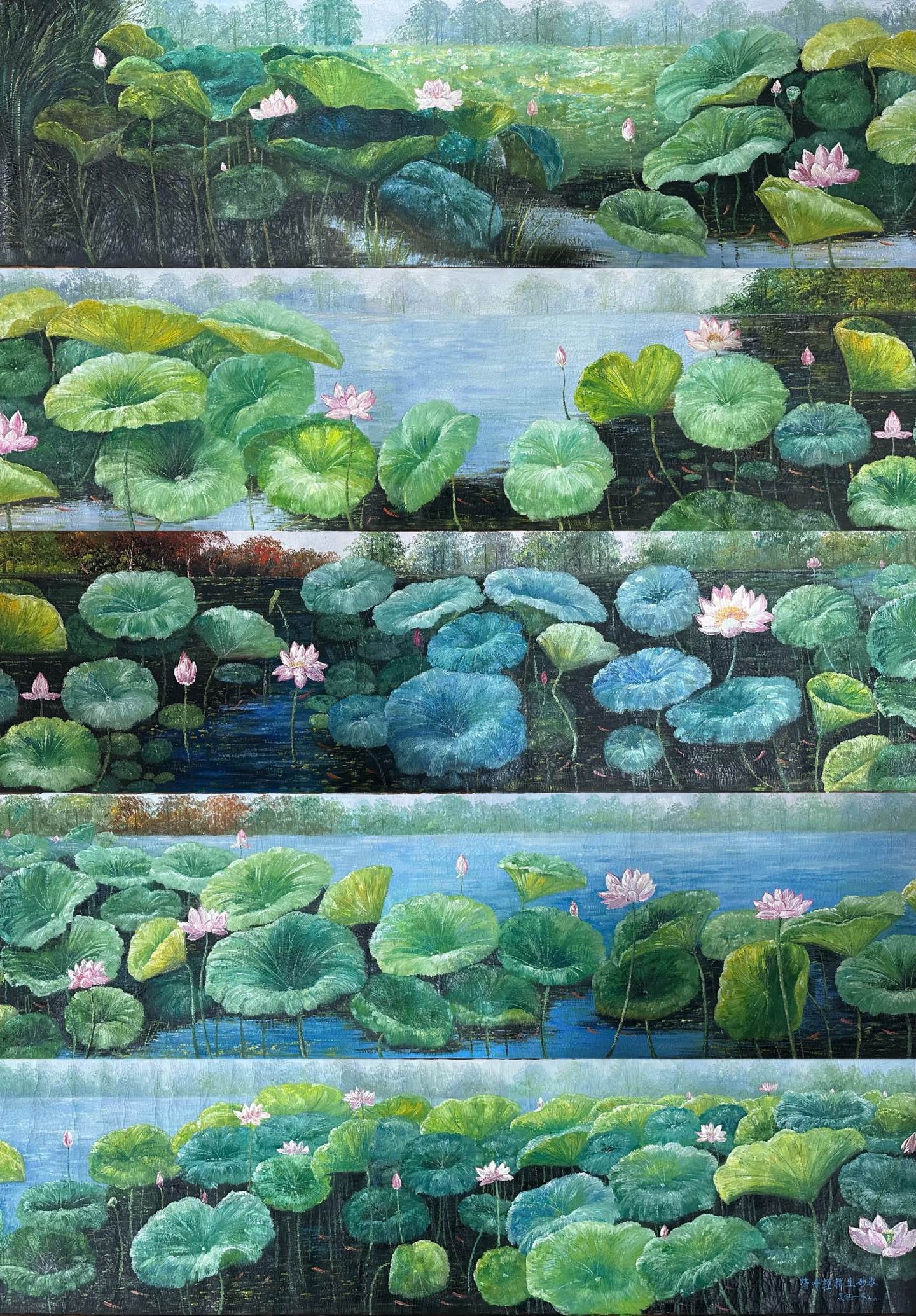 A Chinese Hand Scroll Ink Painting of Lotus Leaves on Paper: A Chinese Hand Scroll Ink Painting of Lotus Leaves on Paper,Modern Time of China,Wu Guanzhong,without frame size:23.6inx393.7in 一幅中国水墨纸本荷