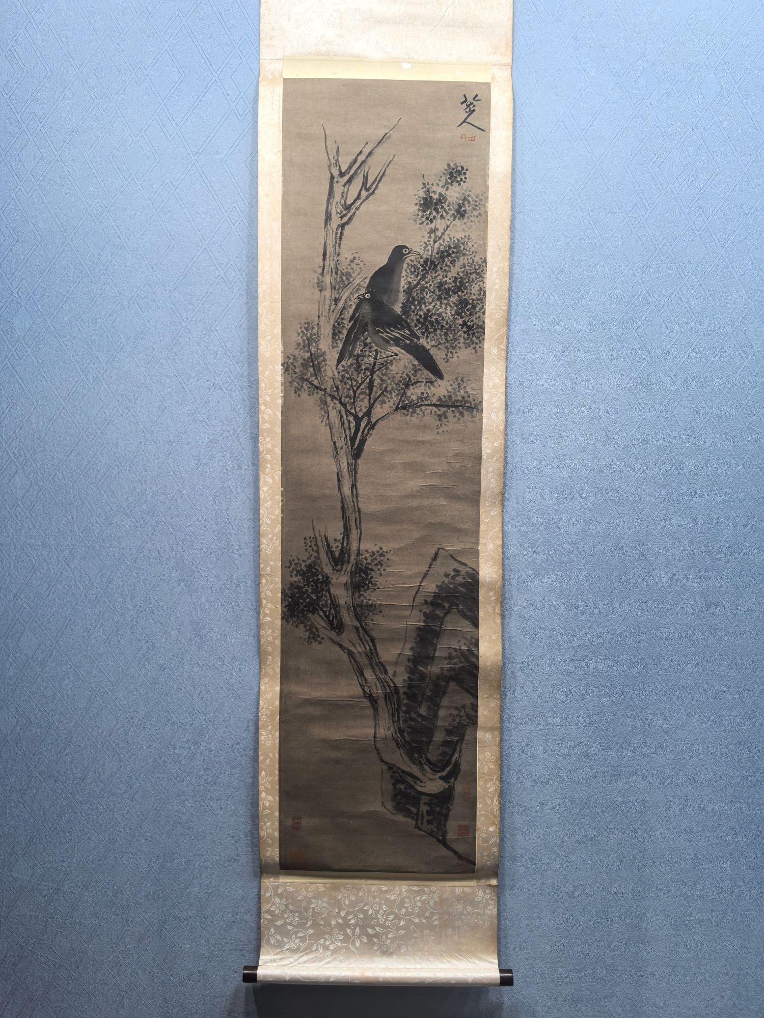 A Chinese Vertical Scroll Ink Painting of Flowers and Birds on Paper: A Chinese Vertical Scroll Ink Painting of Flowers and Birds on Paper,Qing Dynasty, China,Bada Shanren,without frame size:13.5inx53.1in 一幅中国水墨纸本&