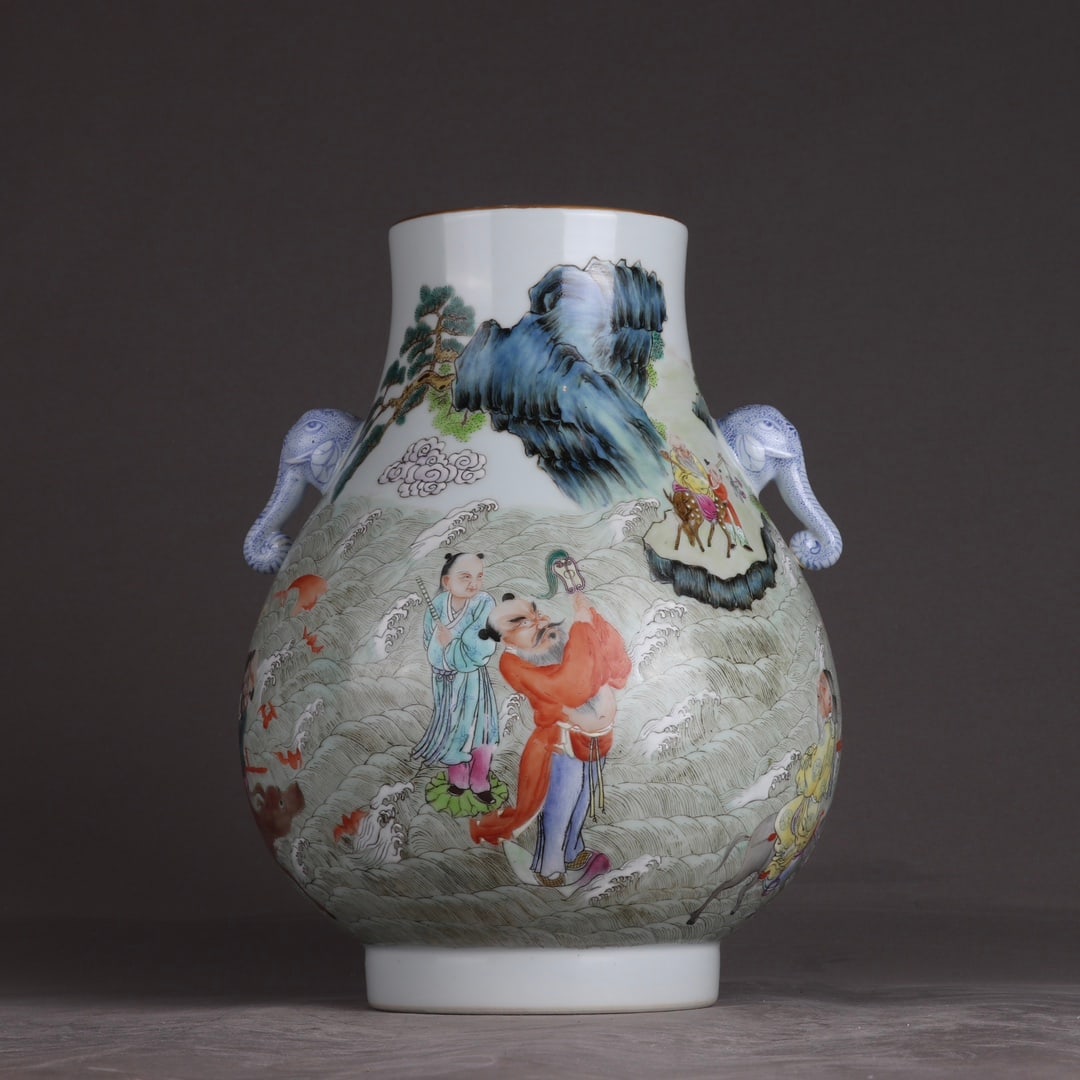 An Exquisite Famille-Rose Figures Pattern Elephant-Ears Vase: An Exquisite Famille-Rose Figures Pattern Elephant-Ears Vase,Qing Dynasty, China,Qianlong Six-character Mark,Size:10.4inx7.9in 粉彩人物纹象耳瓶,中
