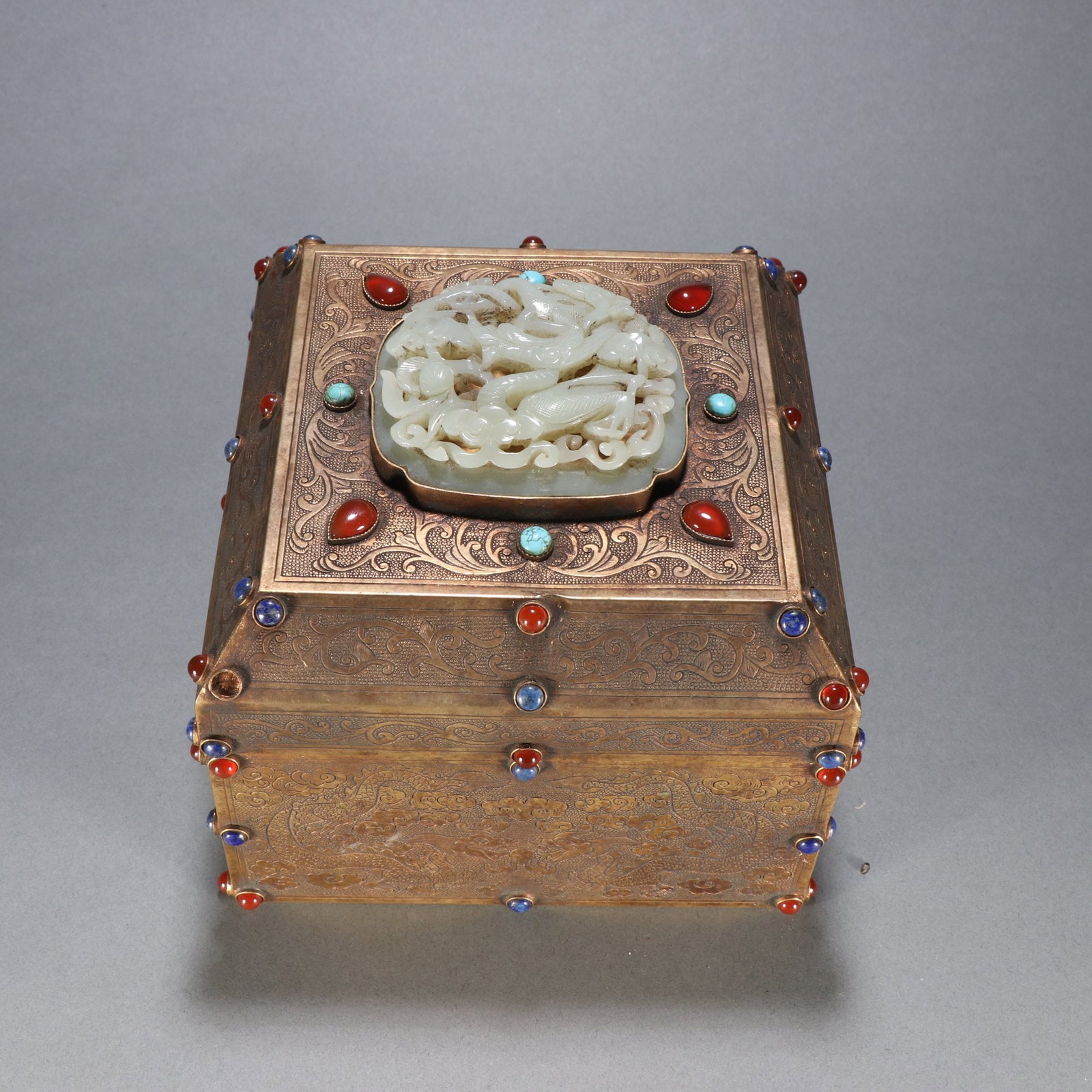 An Exquisite Gilt Bronze Inlaid Hotan Jade Dragon Pattern Box (1 of 9)