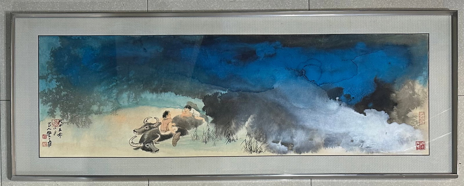 A Chinese Ink Painting of Buffalo on Paper, With a Frame: A Chinese Ink Painting of Buffalo on Paper, With a Frame,Modern Time of China,Zhang Daqian,without frame size:17.3inx57.1in 一幅中国水墨纸本牛