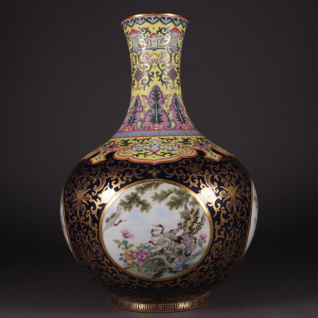 An Exquisite Sapphire Blue Glazed Painted Gold Flower and Bird Pattern Vase: An Exquisite Sapphire Blue Glazed Painted Gold Flower and Bird Pattern Vase,Qing Dynasty, China,Qianlong Four-character Mark,Size:13inx3.1inx4.6in 宝石蓝釉描金Ŏ