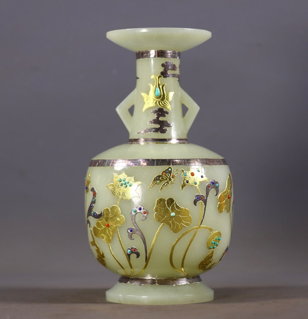 An Exquisite Hotan White Jade Gold and Silver-Inlaid Lotus Leaf Pattern Vase (1 of 9)