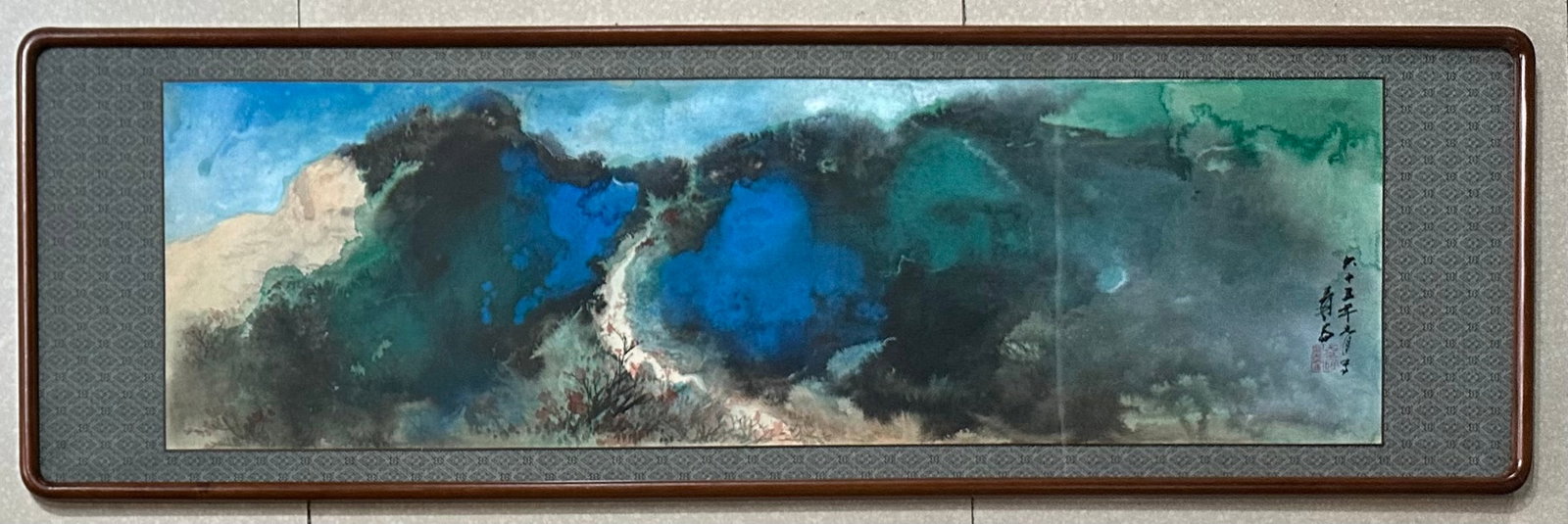 A Chinese Ink Painting of Landscape on Paper, With a Frame: A Chinese Ink Painting of Landscape on Paper, With a Frame,Modern Time of China,Zhang Daqian,without frame size:13inx42.9in 一幅中国水墨纸本山