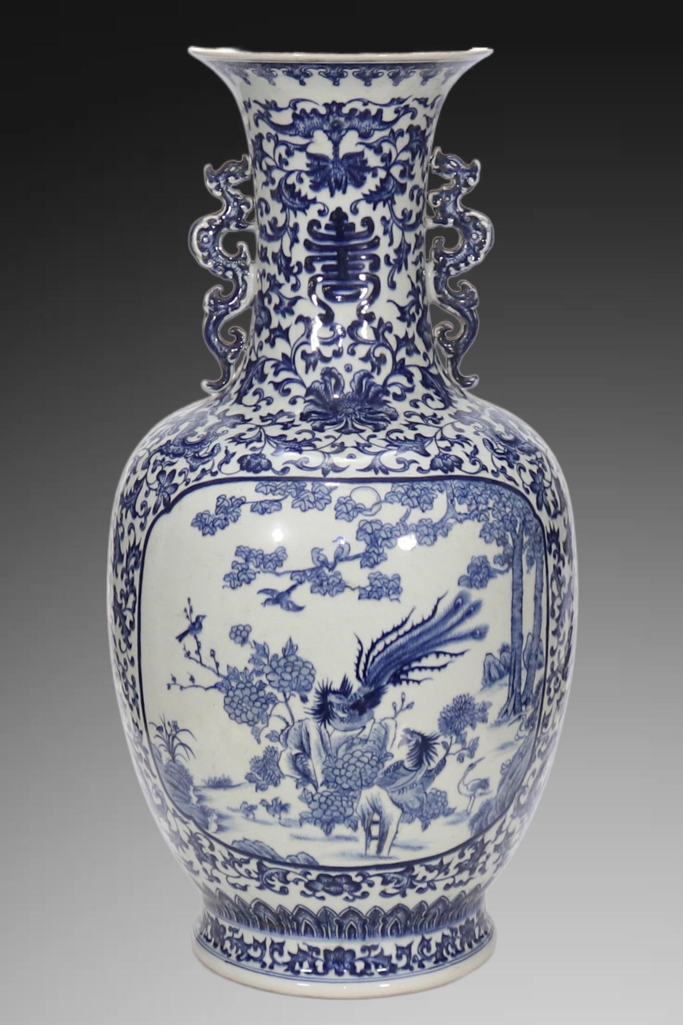 An Exquisite Blue and White Flower and Bird Pattern Dragon-Ears Vase: An Exquisite Blue and White Flower and Bird Pattern Dragon-Ears Vase,Qing Dynasty, China,Qianlong Six-character Mark,Size:24.8inx7.9in 青花花鸟纹龙耳瓶,