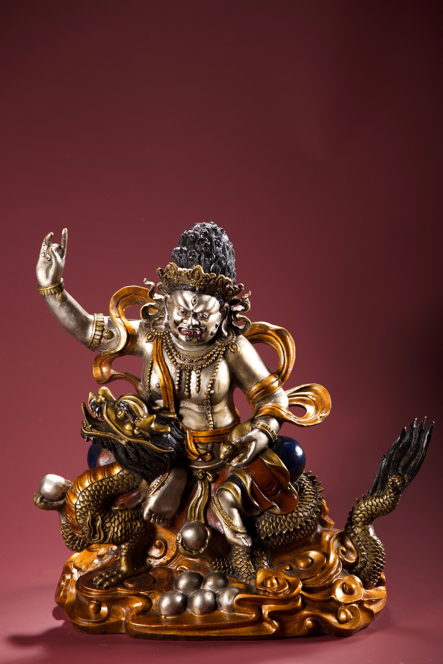 An Exquisite Bronze Painted Color White Jambhala Statue: An Exquisite Bronze Painted Color White Jambhala Statue,Qing Dynasty, China,Size:15.7inx14.6in ,Weight:8345g 铜彩绘白财神造像,中国清&#