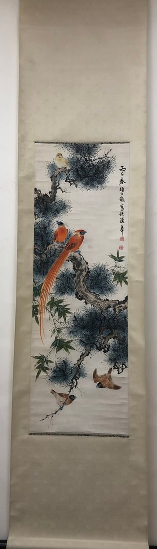 A Chinese Vertical Scroll Ink Painting of Flowers and Birds on Paper: A Chinese Vertical Scroll Ink Painting of Flowers and Birds on Paper,Modern Time of China,Yan Bolong,without frame size:40.6inx13.4in 一幅中国水墨纸本&#