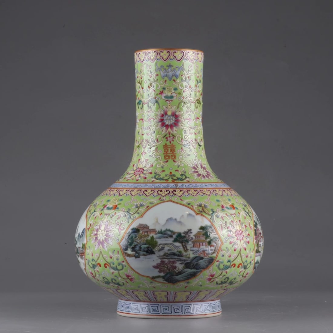 An Exquisite Famille-Rose Painted Gold Landscape Pattern Vase: An Exquisite Famille-Rose Painted Gold Landscape Pattern Vase,Qing Dynasty, China,Qianlong Six-character Mark,Size:11.8inx8.7in 粉彩描金山水纹瓶,中