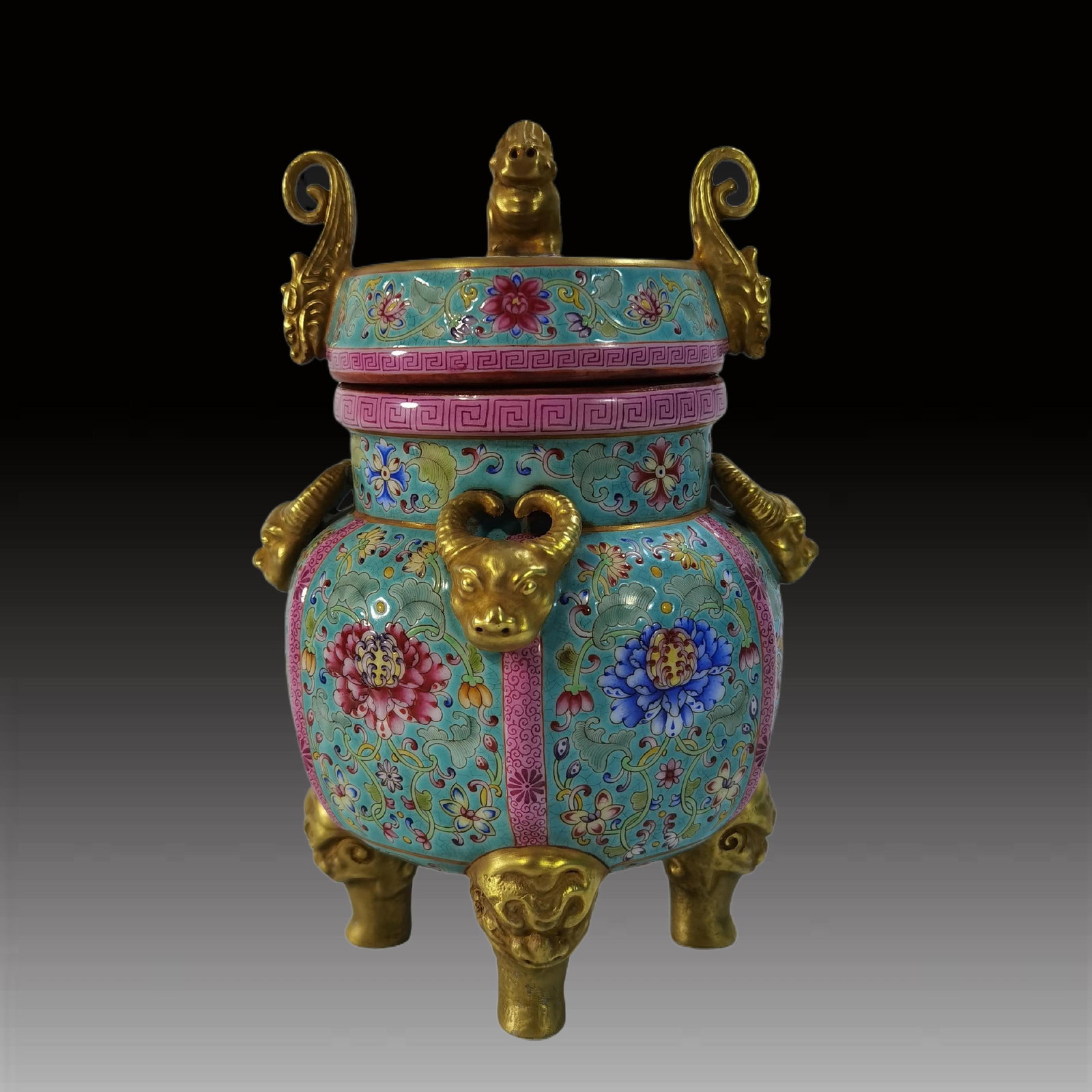 An Exquisite Enamel Turquoise-Glazed Gilt Lotus Pattern Animal Head Censer: An Exquisite Enamel Turquoise-Glazed Gilt Lotus Pattern Animal Head Censer,Qing Dynasty, China,Qianlong Four-character Mark,Size:7.5inx3.3inx5.2inx3.7in