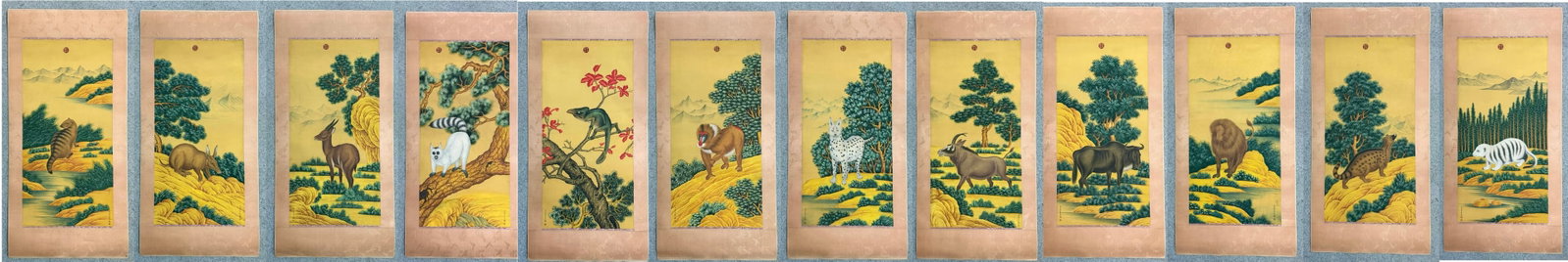 A Set of Chinese Vertical Scroll Ink Paintings of Animals on Silk (Twelve Pieces): A Set of Chinese Vertical Scroll Ink Paintings of Animals on Silk (Twelve Pieces),Qing Dynasty, China,Giuseppe Castiglione,without frame size:39.4inx18.5in 一套中国水