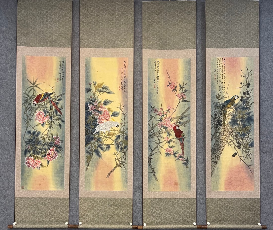 A Set of Chinese Vertical Scroll Ink Paintings of Flowers and Birds on Paper (Four Pieces) (1 of 9)