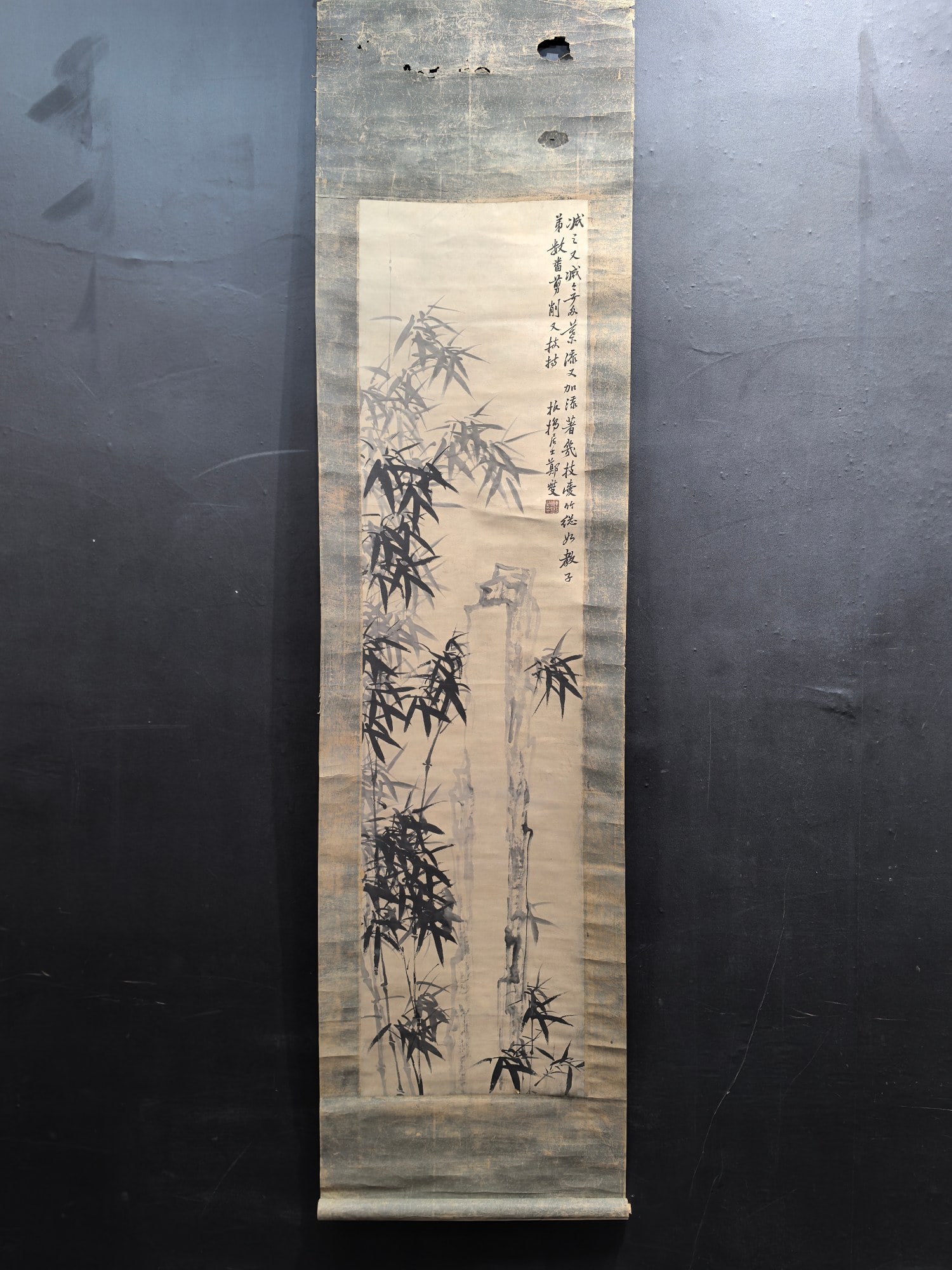 A Chinese Vertical Scroll Ink Painting of Bamboo on Paper: A Chinese Vertical Scroll Ink Painting of Bamboo on Paper,Qing Dynasty, China,Zheng Banqiao,without frame size:12.7inx50.1in 一幅中国水墨纸本竹
