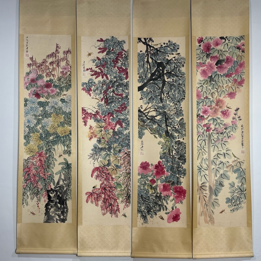 A Set of Chinese Vertical Scroll Ink Paintings of Flowers on Paper (Four Pieces): A Set of Chinese Vertical Scroll Ink Paintings of Flowers on Paper (Four Pieces),Modern Time of China,Qi Baishi,without frame size:94.5inx86.6in 一套中国水墨纸
