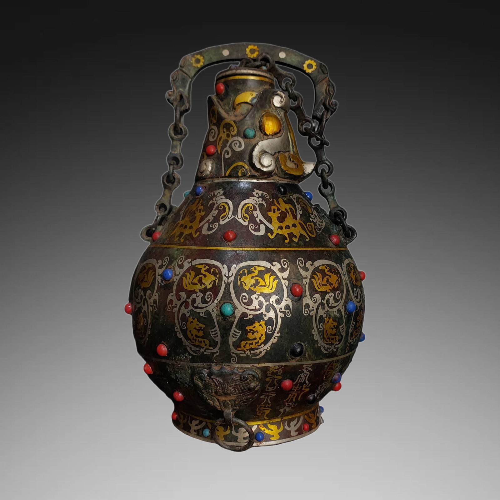 An Exquisite Gold-inlaid Bronze Inlaid Silver Inlaid Gems Bottle (1 of 9)