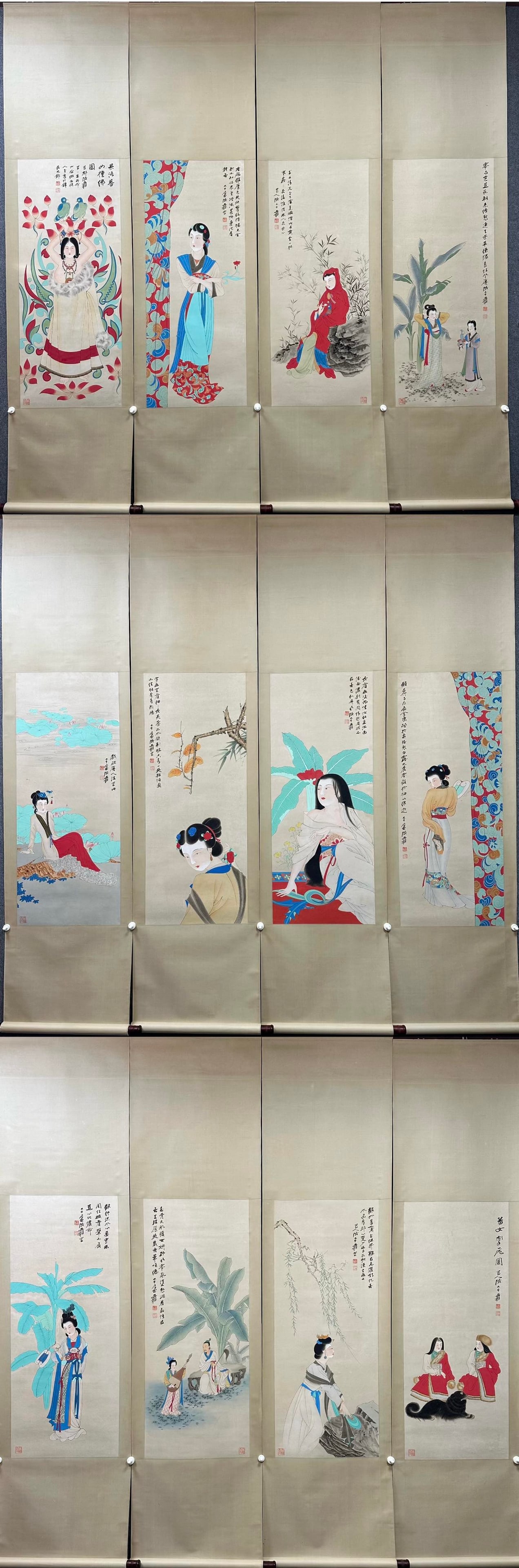 A Set of Twelve Chinese Vertical Scroll Ink Paintings of Figures on Paper: A Set of Twelve Chinese Vertical Scroll Ink Paintings of Figures on Paper,Modern Time of China,Zhang Daqian,without frame size:16.5inx40.9in 一套中国水墨纸