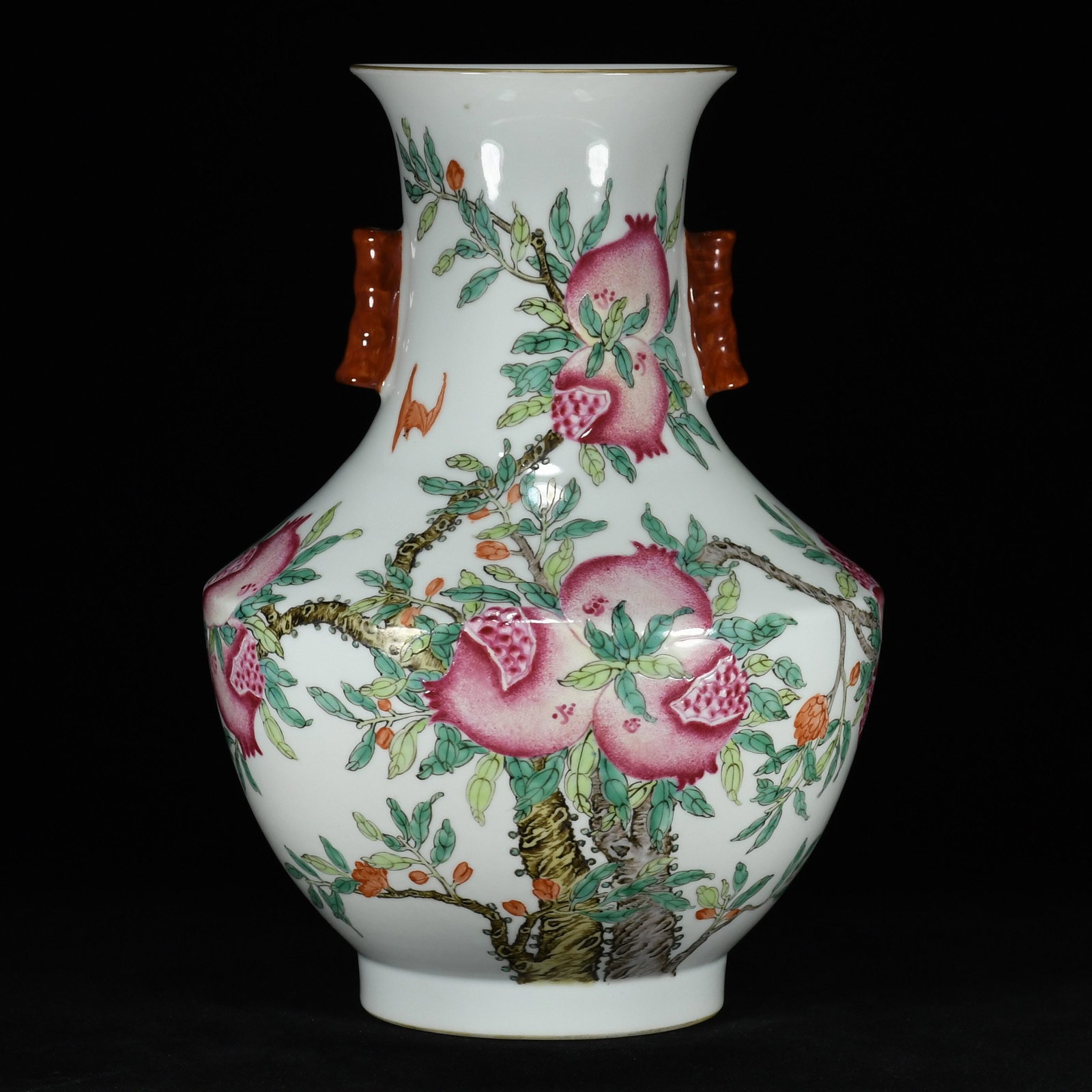 An Exquisite Famille-Rose Pomegranate Pattern Tube Ear Vase: An Exquisite Famille-Rose Pomegranate Pattern Tube Ear Vase,Qing Dynasty, China,Yongzheng Six-character Mark,Size:13.8inx9.4in 粉彩石榴纹贯耳瓶,中