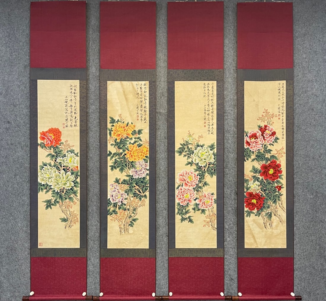 A Set of Chinese Vertical Scroll Ink Paintings of Flowers on Paper (Four Pieces): A Set of Chinese Vertical Scroll Ink Paintings of Flowers on Paper (Four Pieces),Modern Time of China,Yu Fei'an,without frame size:13.8inx53.1in 一套中国水墨纸