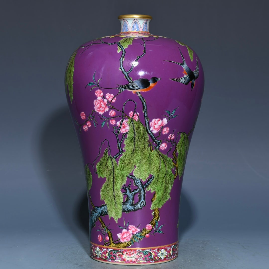 An Exquisite Aubergine Glazed Famille-Rose Flower and Bird Pattern Vase: An Exquisite Aubergine Glazed Famille-Rose Flower and Bird Pattern Vase,Qing Dynasty, China,Yongzheng Six-character Mark,Size:10.3inx5.9in 茄皮紫釉粉彩花Ɣ