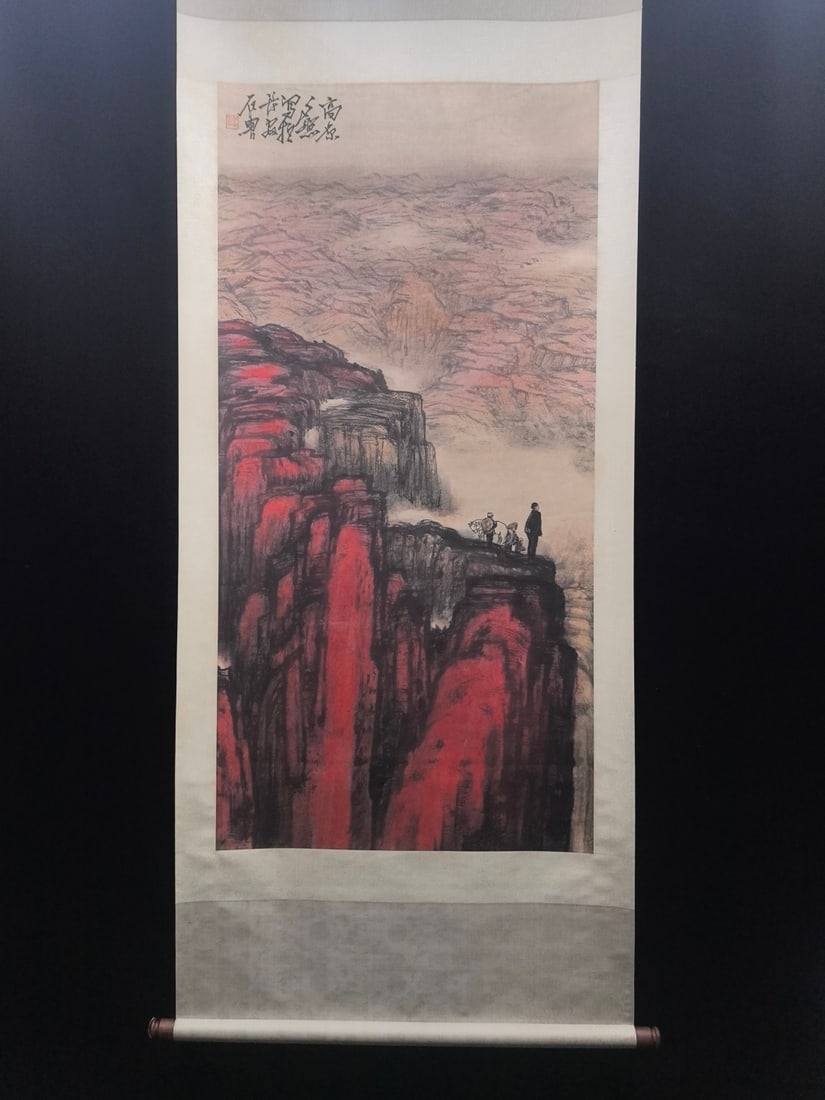 A Chinese Vertical Scroll Ink Painting of Landscape on Paper: A Chinese Vertical Scroll Ink Painting of Landscape on Paper,Modern Time of China,Shi Lu,without frame size:26.6inx53.9in 一幅中国水墨纸本山૒