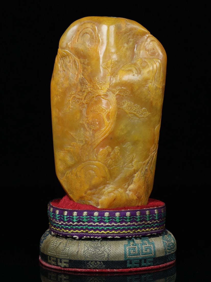 An Exquisite Tianhuang Stone Landscape and Figures Ornament: An Exquisite Tianhuang Stone Landscape and Figures Ornament,Qing Dynasty, China,With Mark,Size:5.9inx3.5inx2.4in,Weight:420g 田黄石山水人物摆件,&#