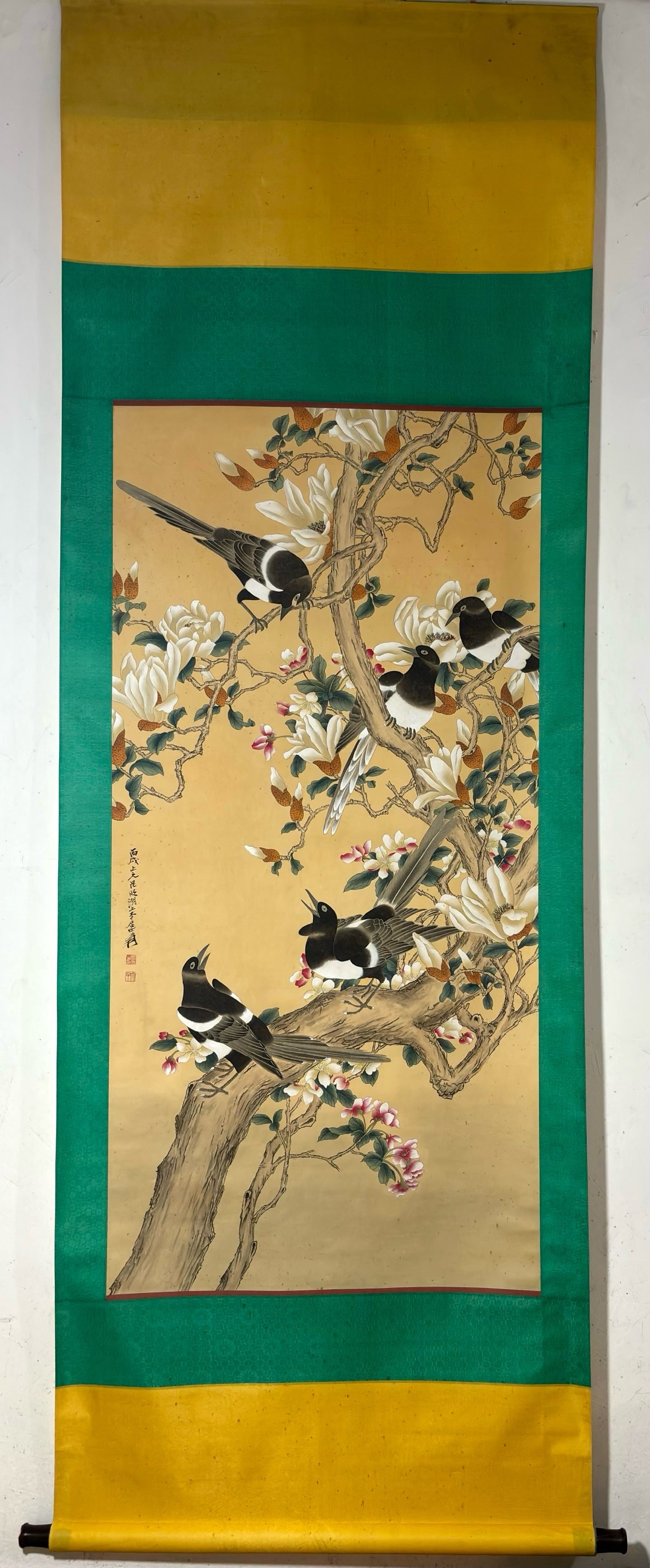A Chinese Vertical Scroll Ink Painting of Flowers and Birds on Paper: A Chinese Vertical Scroll Ink Painting of Flowers and Birds on Paper,Modern Time of China,Zhang Daqian,without frame size:51.6inx25.2in