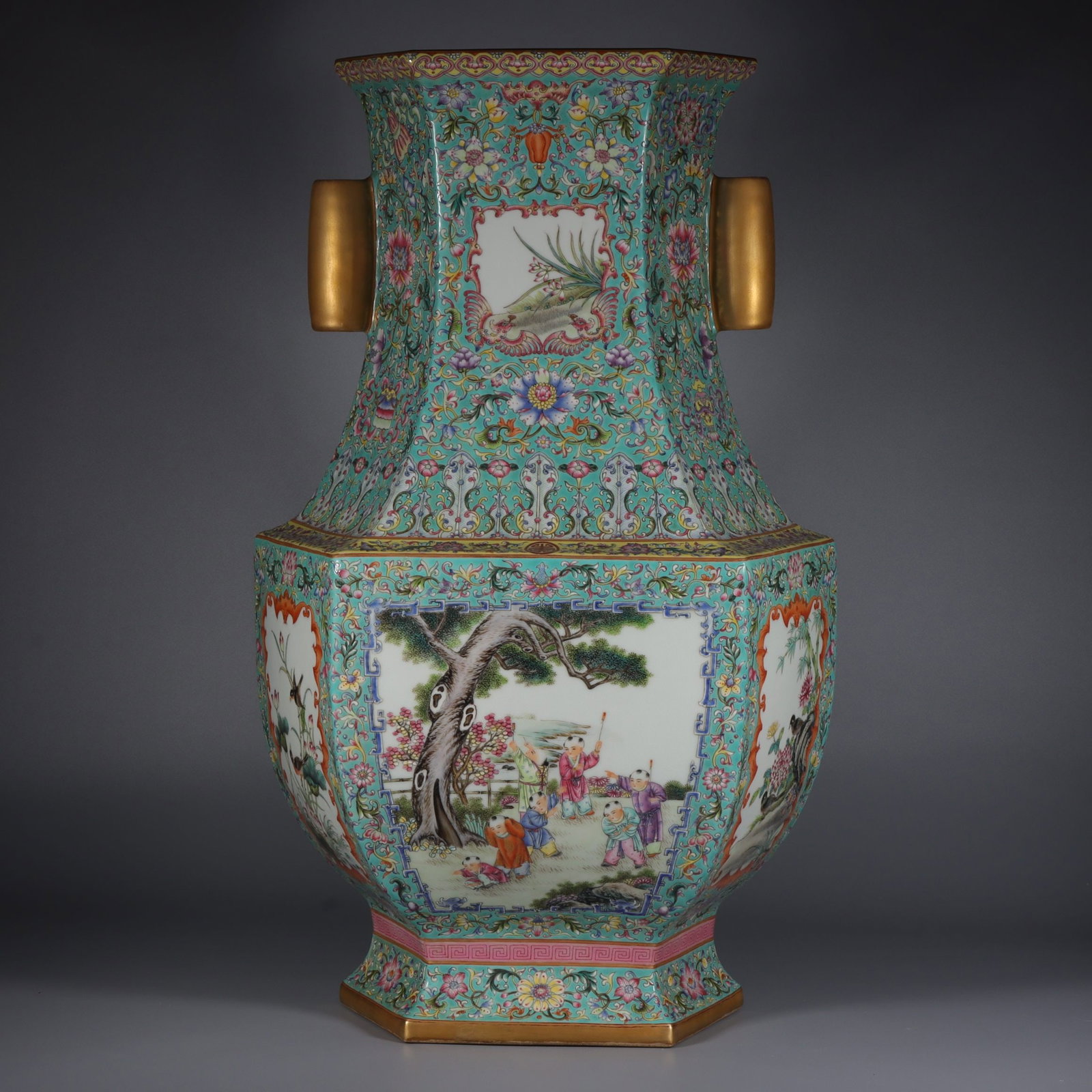 An Exquisite Green Ground Famille-Rose Painted Gold Figures Pattern Tube Ear Vase: An Exquisite Green Ground Famille-Rose Painted Gold Figures Pattern Tube Ear Vase,Qing Dynasty, China,Qianlong Four-character Mark,Size:25.5inx11.2inx10.9in 绿地粉彩描