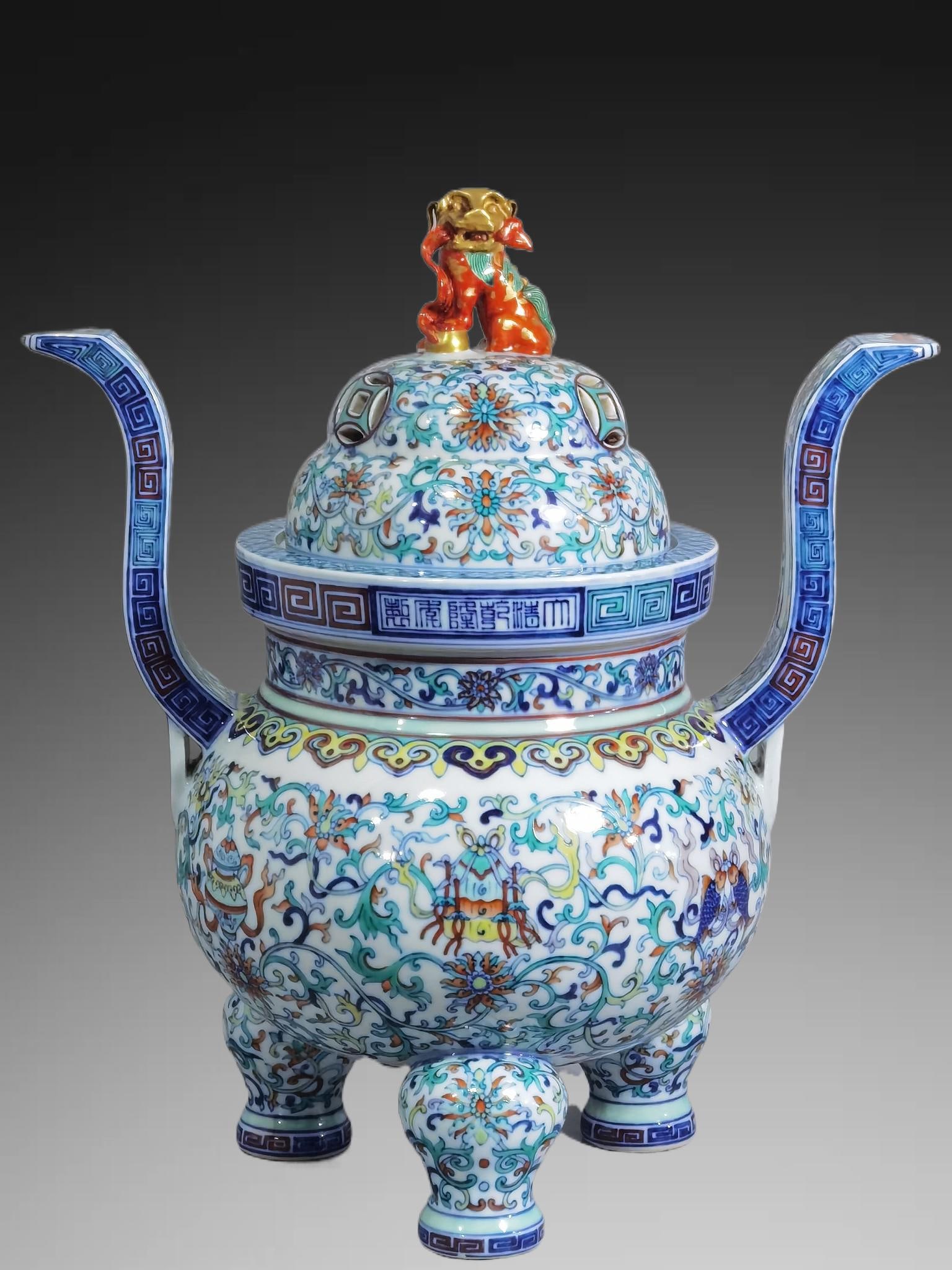 An Exquisite Doucai Lotus Eight Treasures Pattern Tripod Censer: An Exquisite Doucai Lotus Eight Treasures Pattern Tripod Censer,Qing Dynasty, China,Qianlong Six-character Mark,Size:14.4inx6.7inx8.7in 斗彩缠枝莲八宝纹