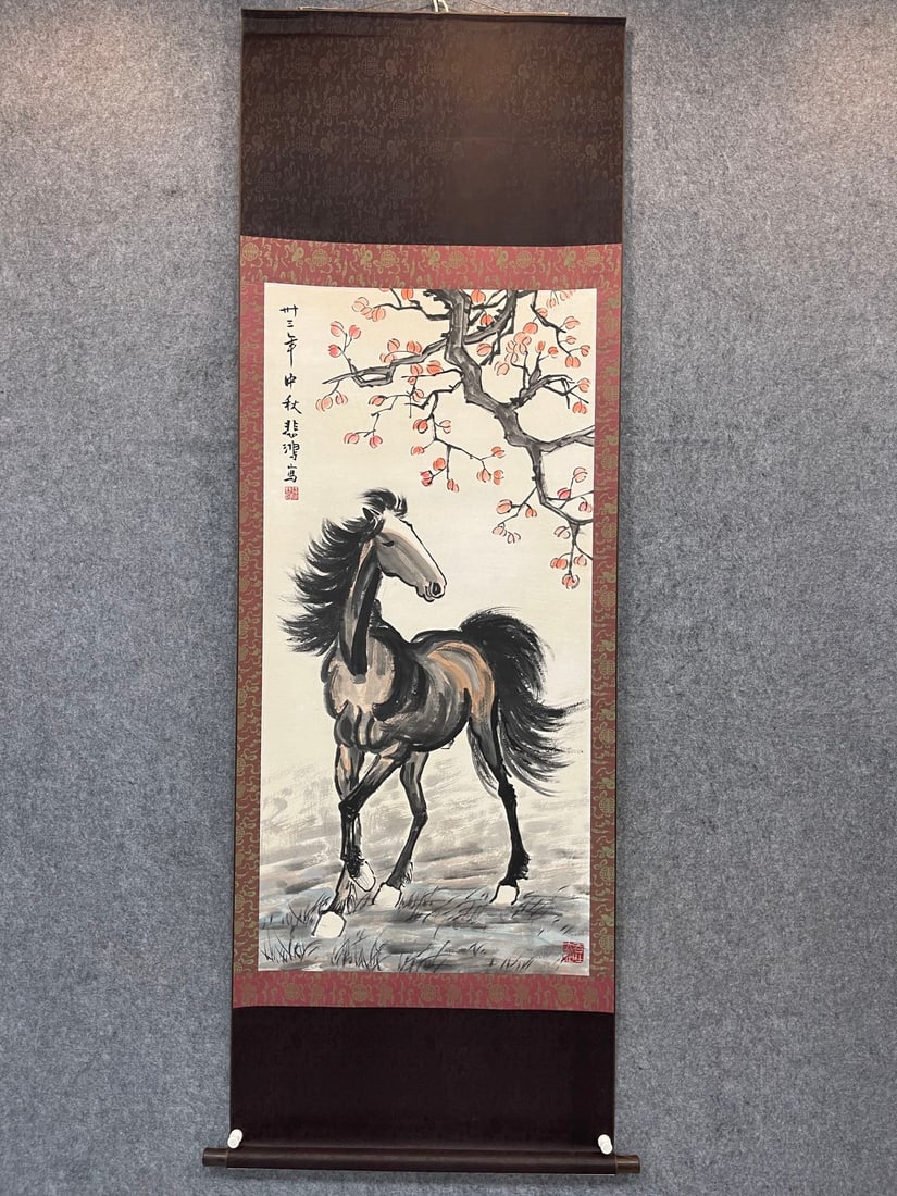 A Chinese Vertical Scroll Ink Painting of Horse on Paper: A Chinese Vertical Scroll Ink Painting of Horse on Paper,Modern Time of China,Xu Beihong,without frame size:25.6inx53.1in 一幅中国水墨纸本马ஹ