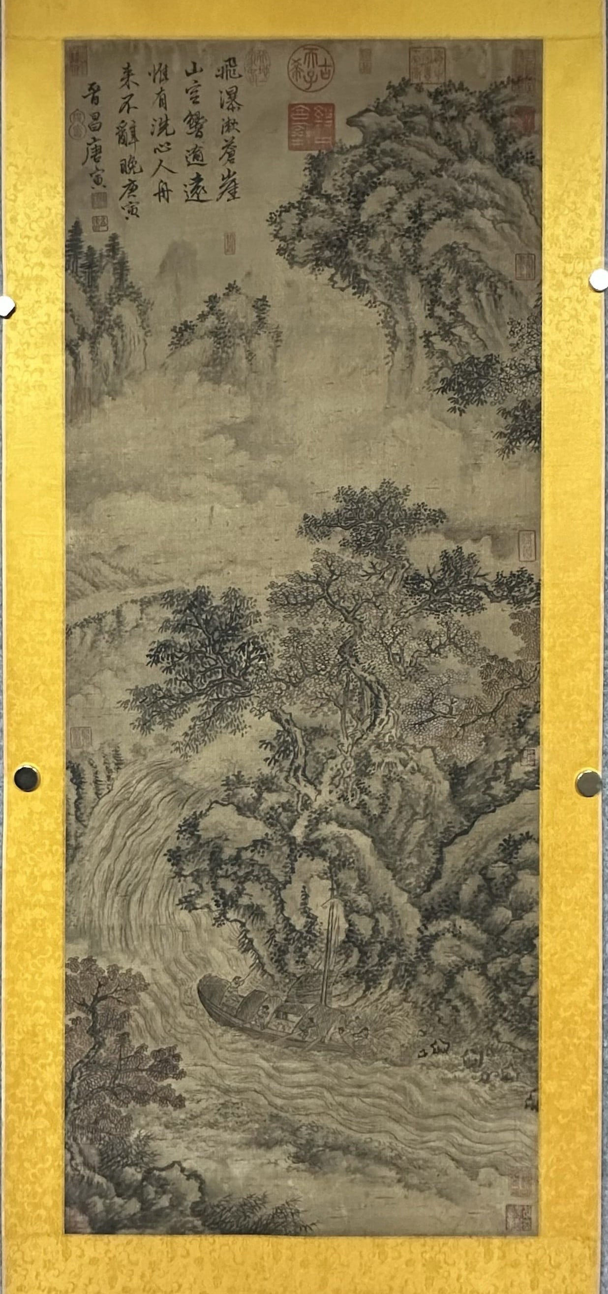 A Chinese Vertical Scroll Ink Painting of Landscape on Silk: A Chinese Vertical Scroll Ink Painting of Landscape on Silk,Ming Dynasty, China,Tang Yin,without frame size:45.3inx18.1in 一幅中国水墨绢本山૒