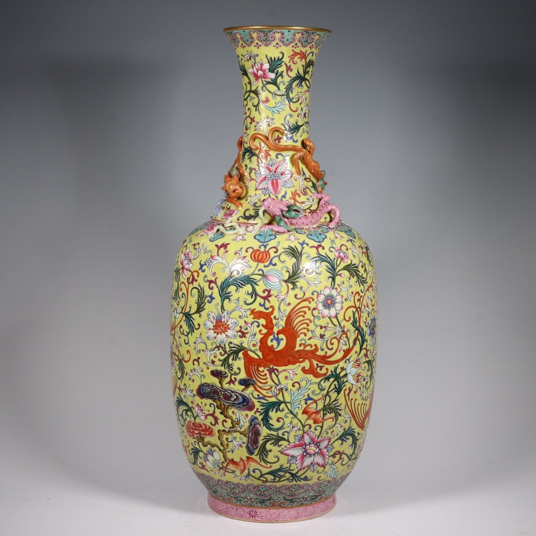 An Exquisite Yellow Ground Famille-Rose Painted Gold Lotus Dragon and Phoenix Pattern Vase (1 of 9)